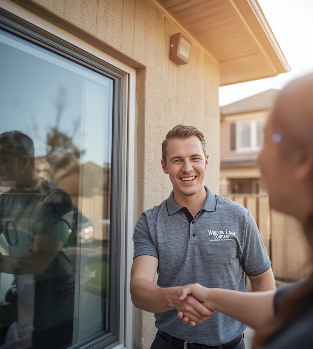 Window installation technician meeting a homeowner