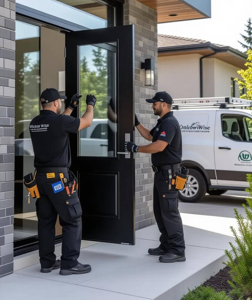 Front entry door installers fitting a black glass door in Sheridan